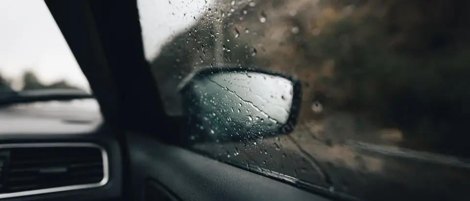 Rain on a car's side window, the door mirror outside it